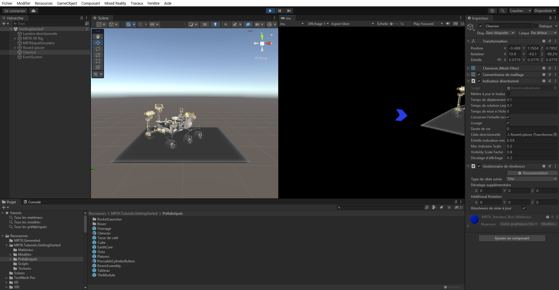 Capture d’écran montrant la vue divisée en mode Play avec le résolveur DirectionalIndicator en cours d’utilisation.