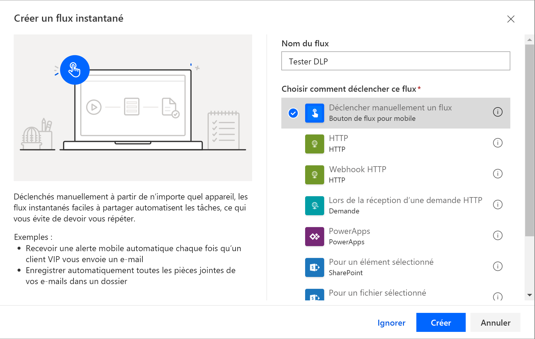 Capture d’écran de la boîte de dialogue Créer un flux instantané.