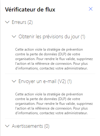 Capture d’écran de la fenêtre Vérificateur de flux affichant deux erreurs et aucun avertissement.