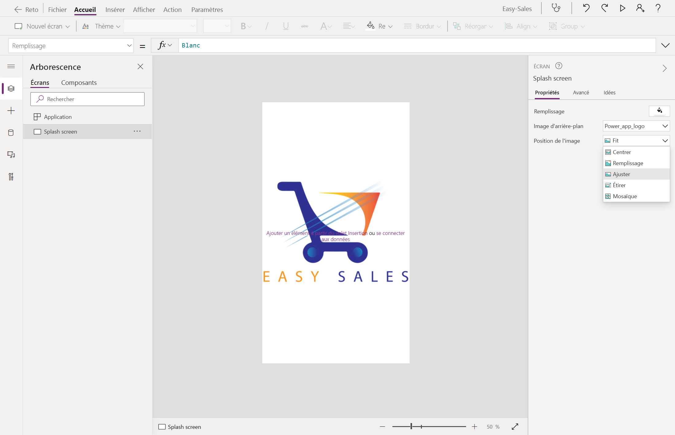 Capture d’écran de l’ajout du logo Easy Sales à l’écran de démarrage.