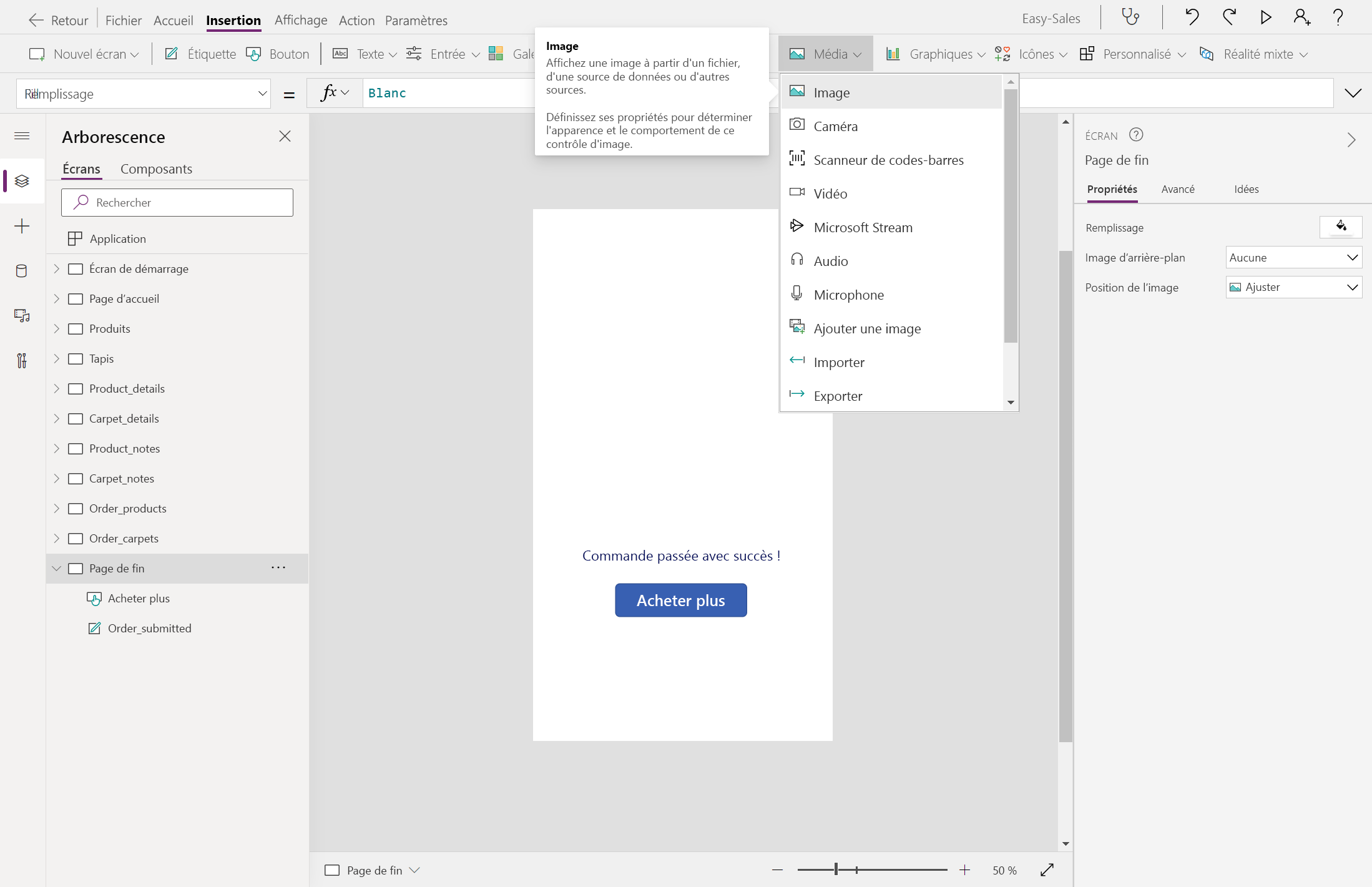 Capture d’écran de l’ajout d’un composant image.