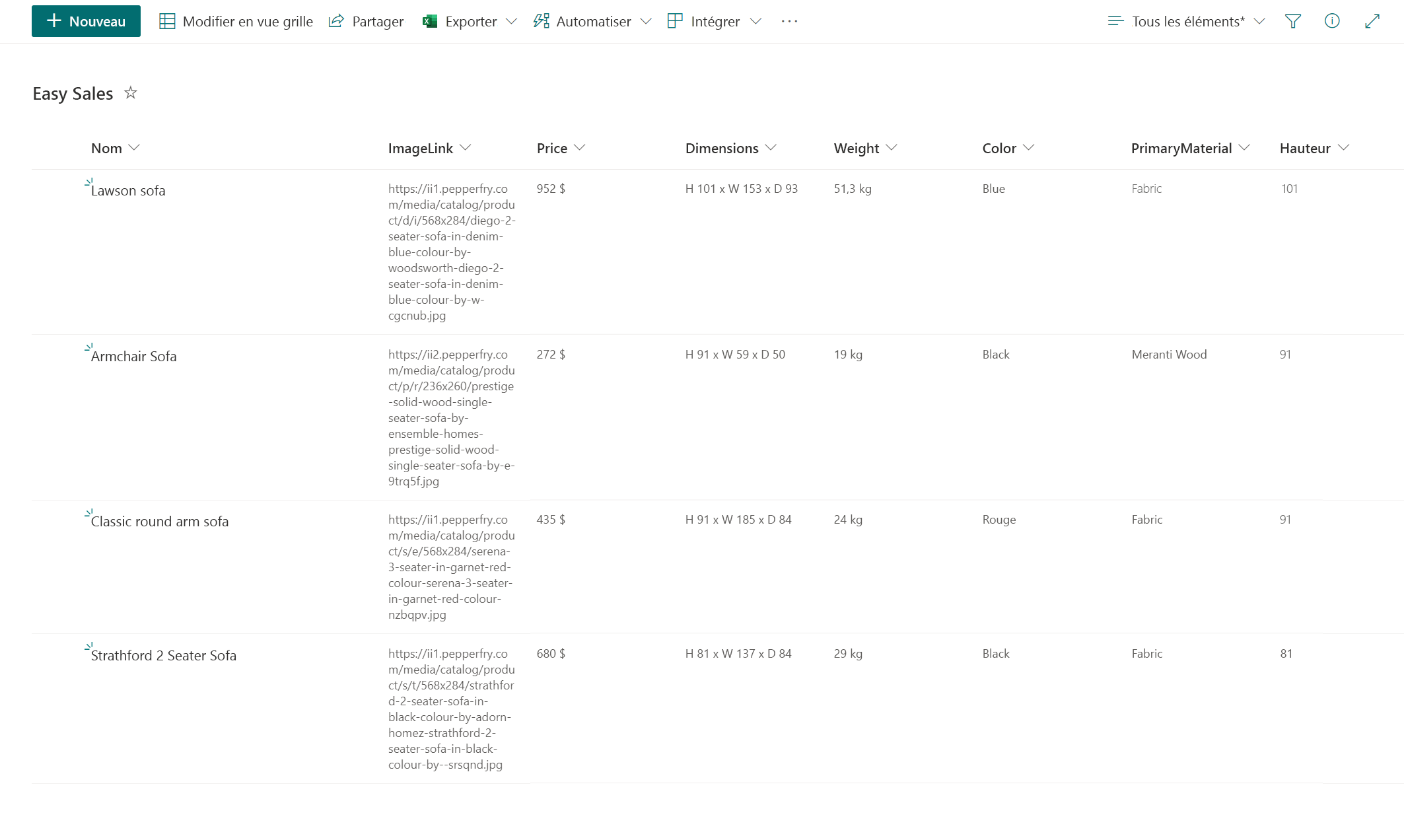 Capture d’écran de la liste SharePoint avec des informations ajoutées