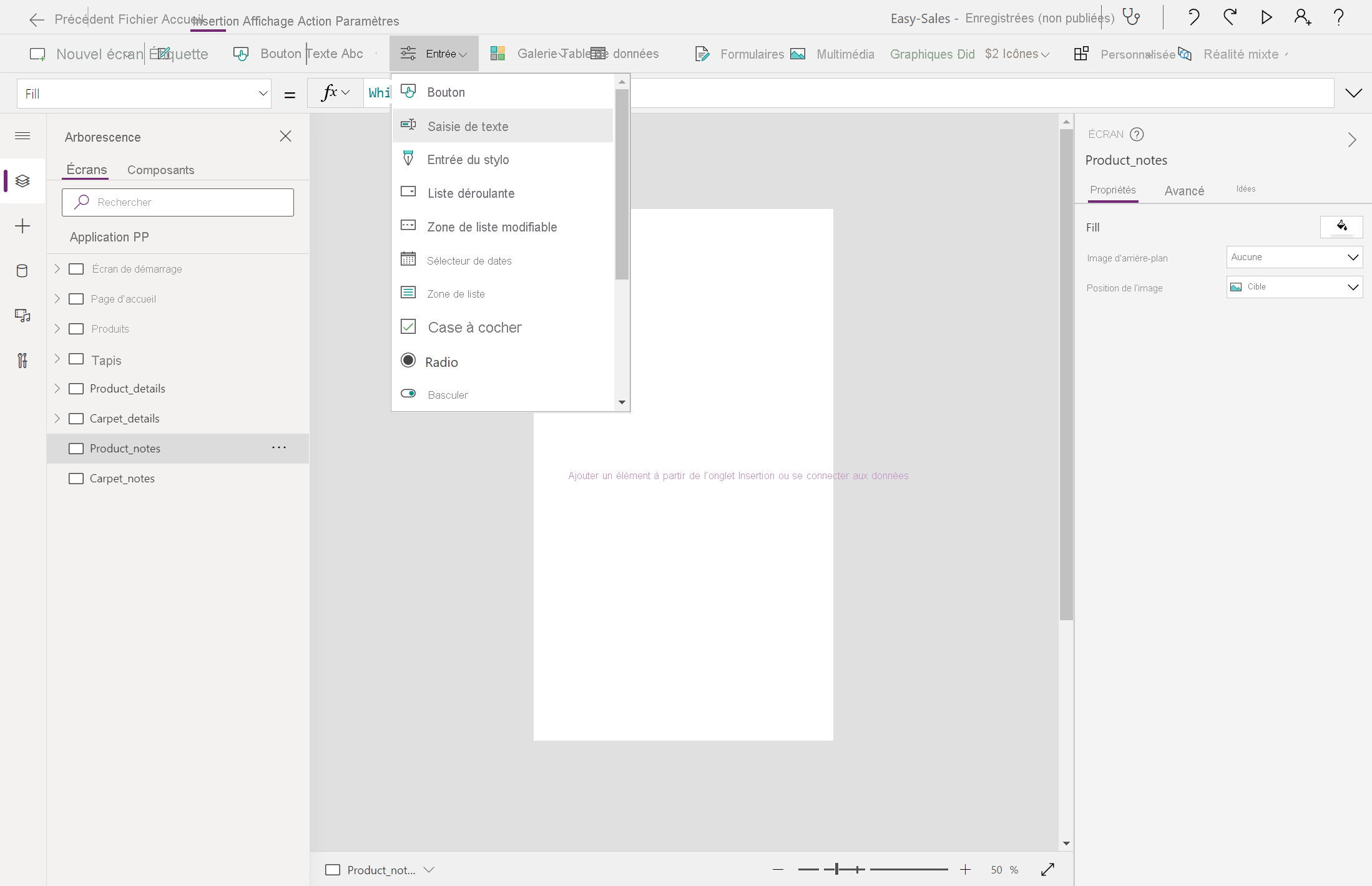 Capture d’écran de l’ajout d’une entrée de texte.