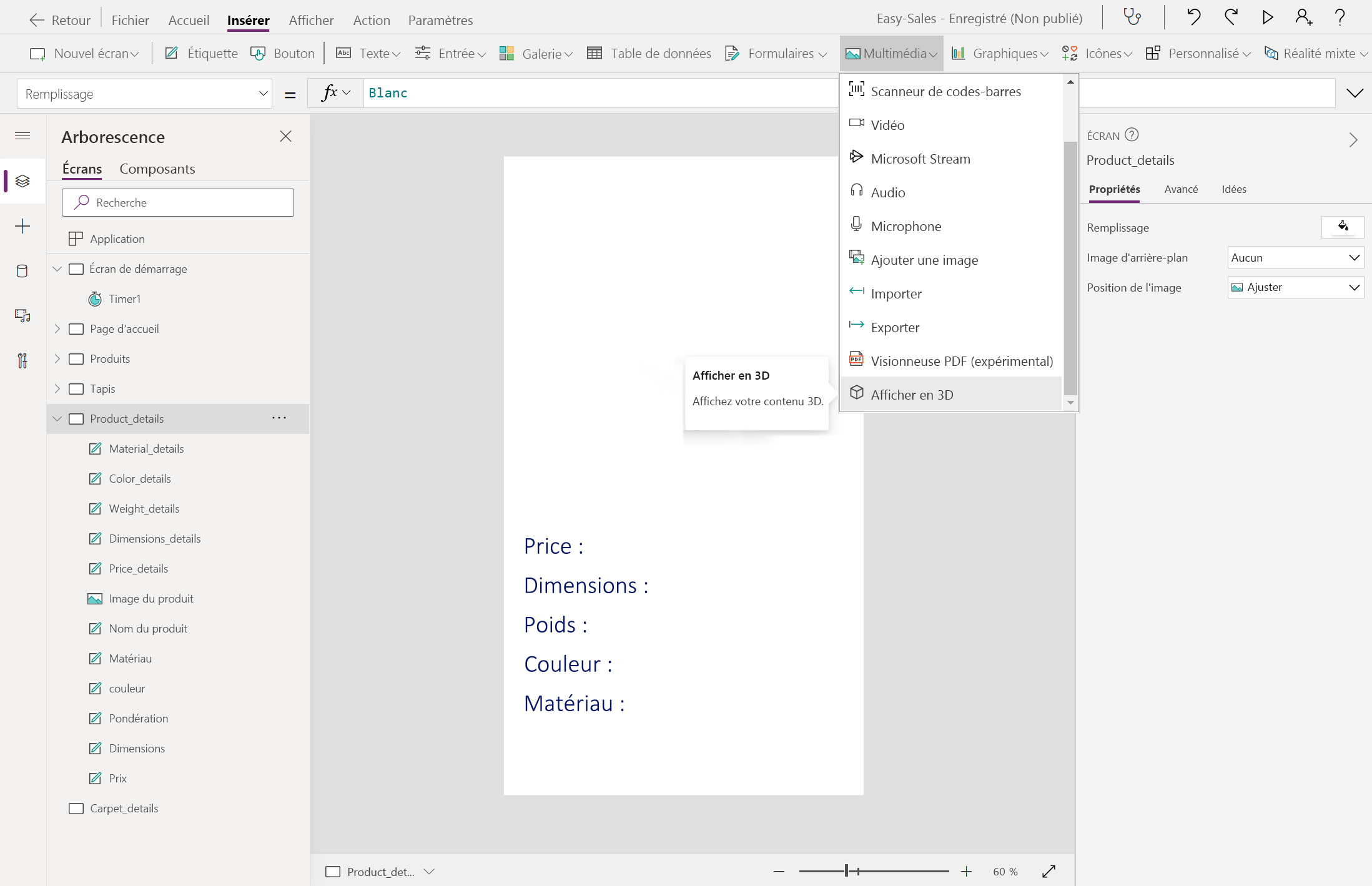 Capture d’écran de l’ajout du composant Afficher en 3D.