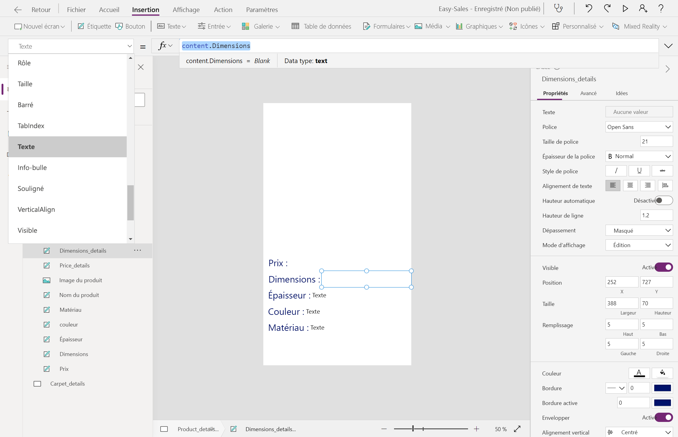 Capture d’écran de l’étiquette vide pour Dimensions.