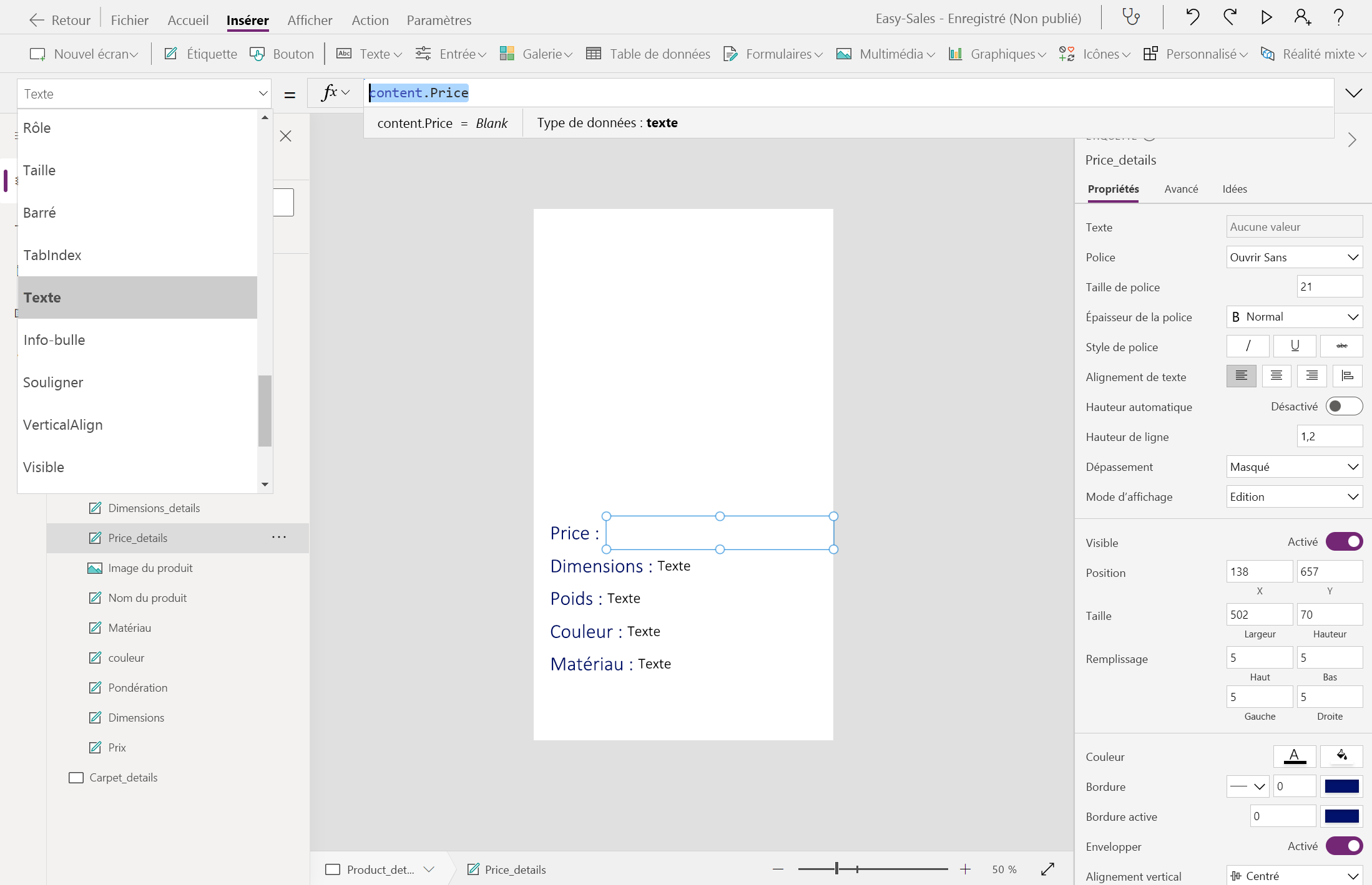 Capture d’écran de l’étiquette vide pour Price.