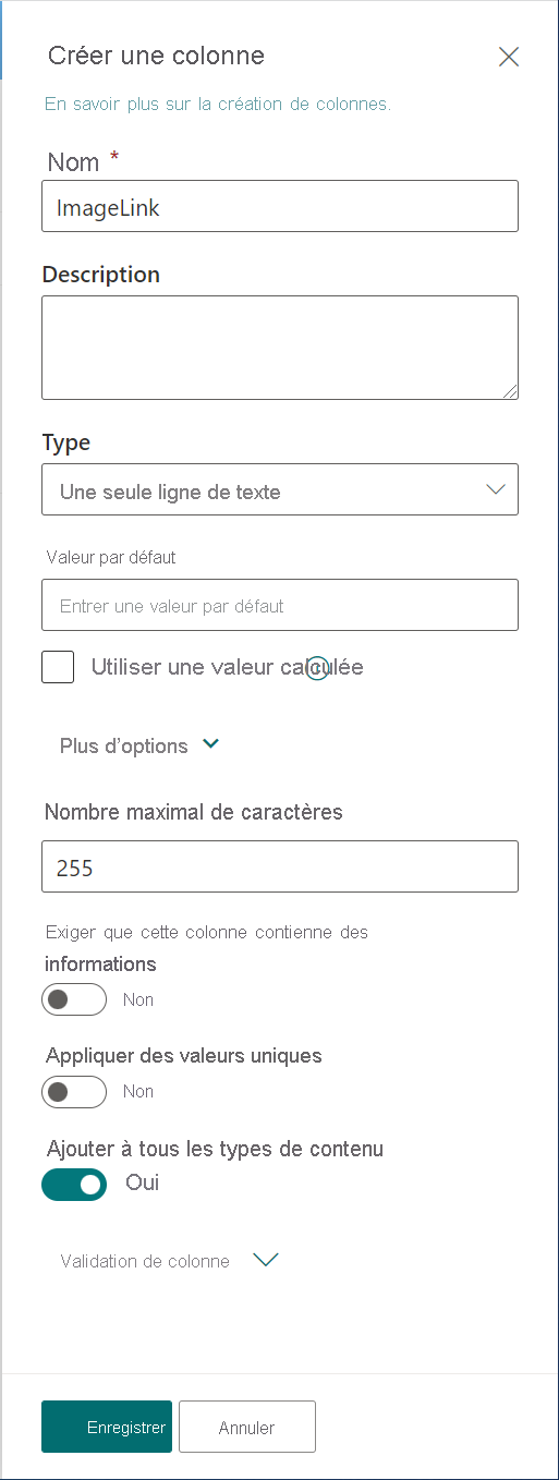Capture d’écran de la création d’une colonne.