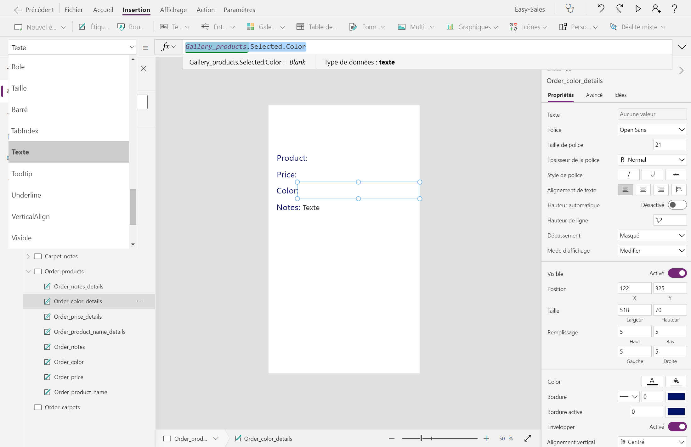 Capture d’écran de la configuration du texte pour Color.