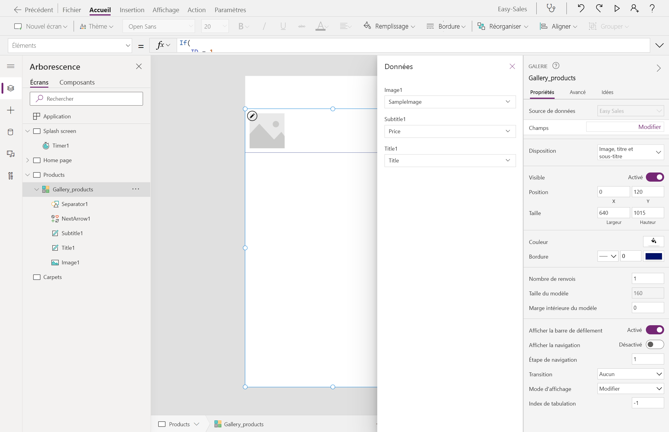 Capture d’écran de la configuration des champs dans la page de produits