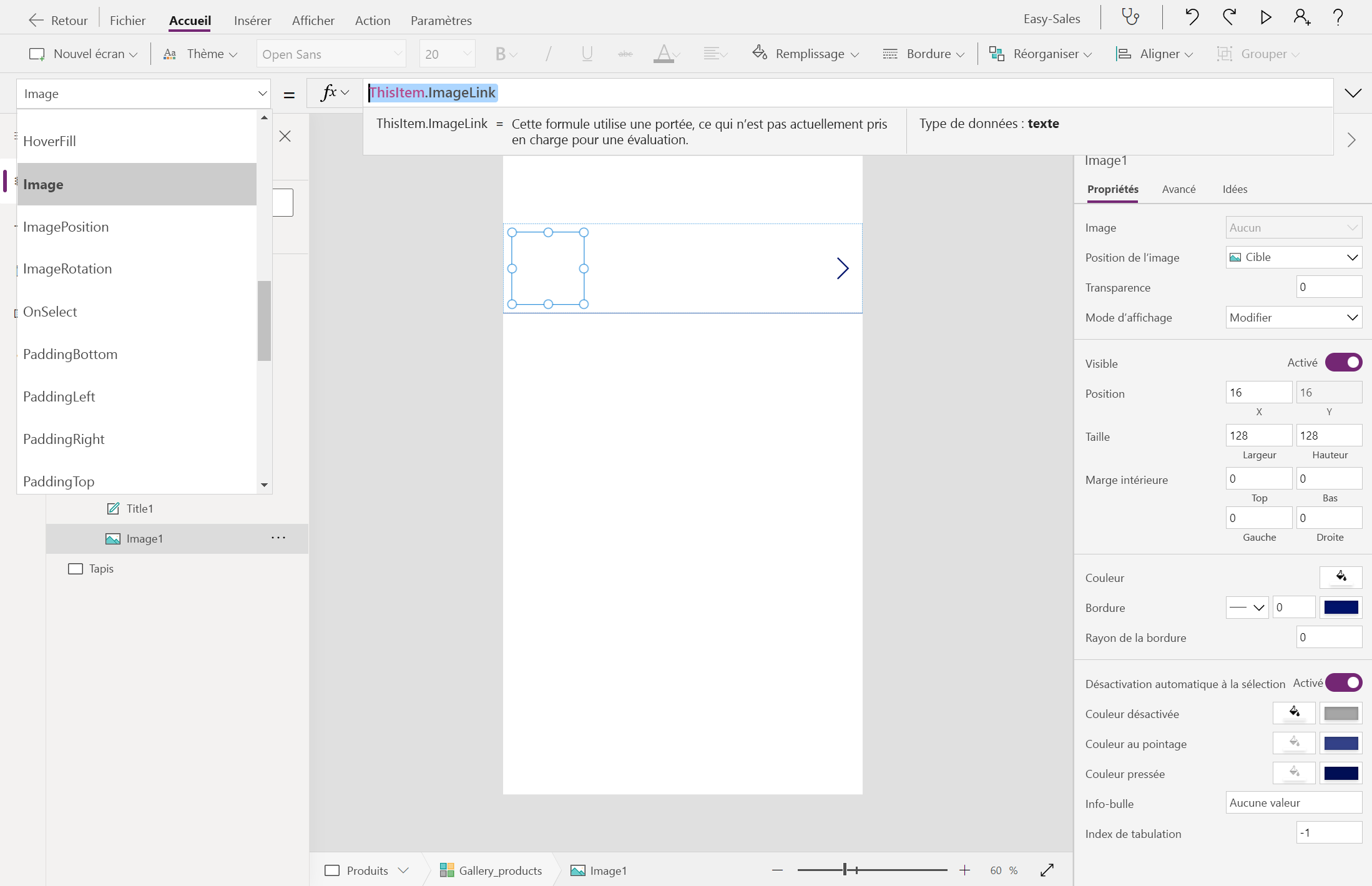 Capture d’écran de la configuration de la propriété de l’image dans la page de produit