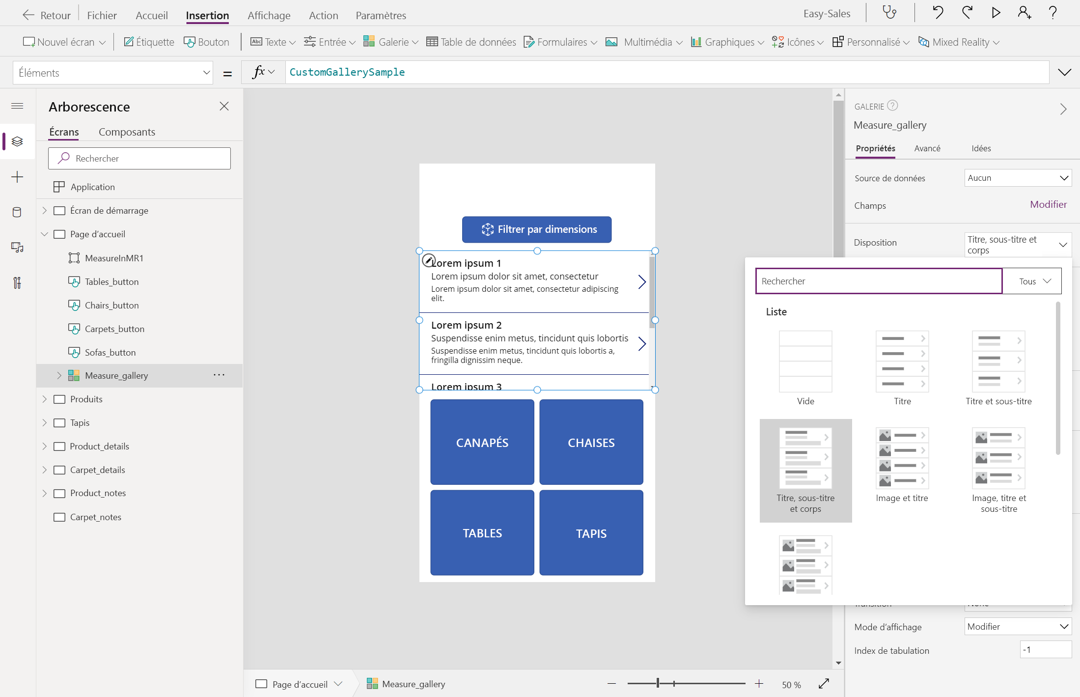 Capture d’écran de la configuration de la disposition