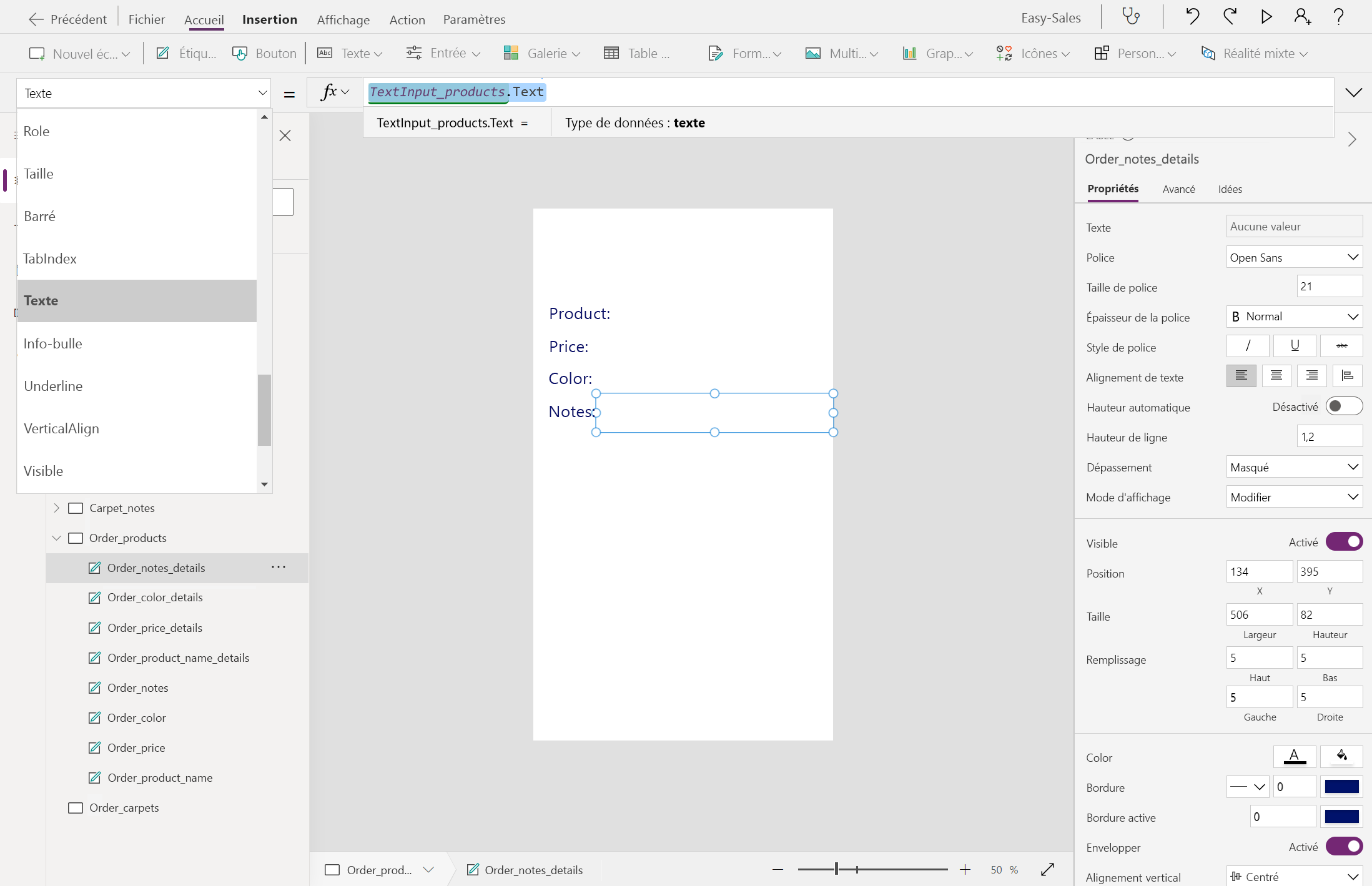 Capture d’écran de la configuration du texte pour Notes.