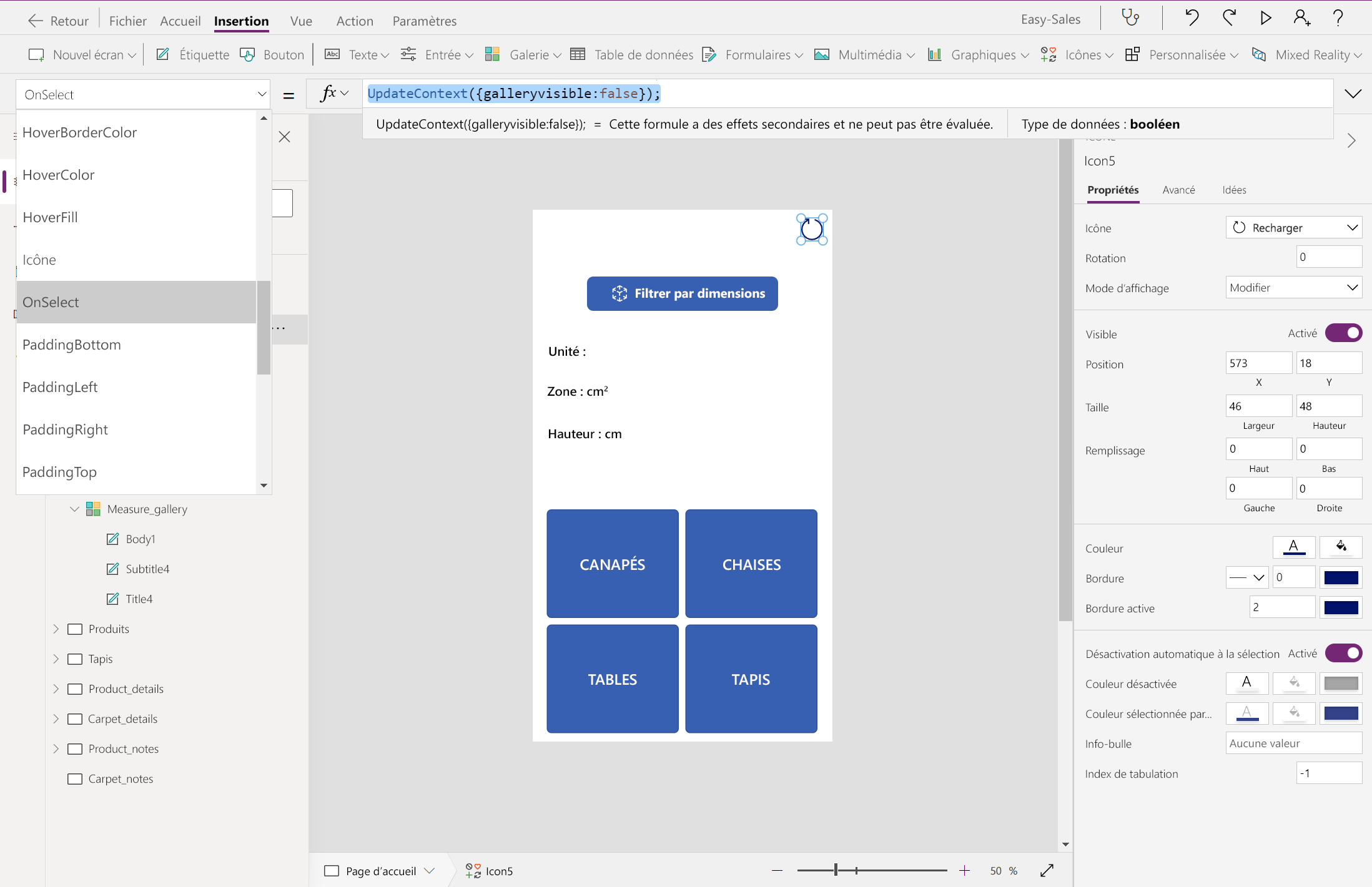 Capture d’écran de la configuration de la propriété OnSelect pour l’icône Recharger.