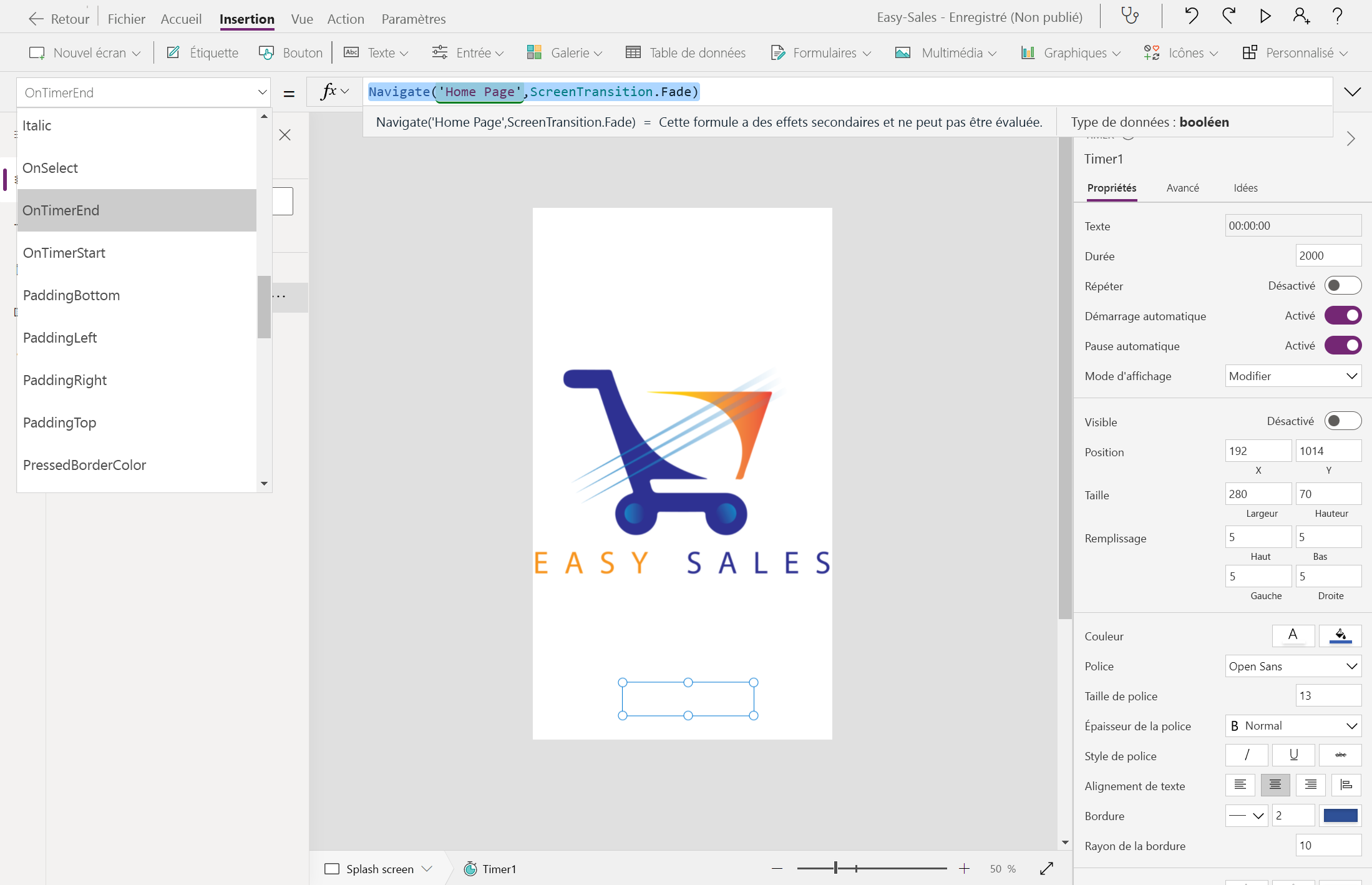 Capture d’écran de la configuration de la propriété OnTimerEnd.