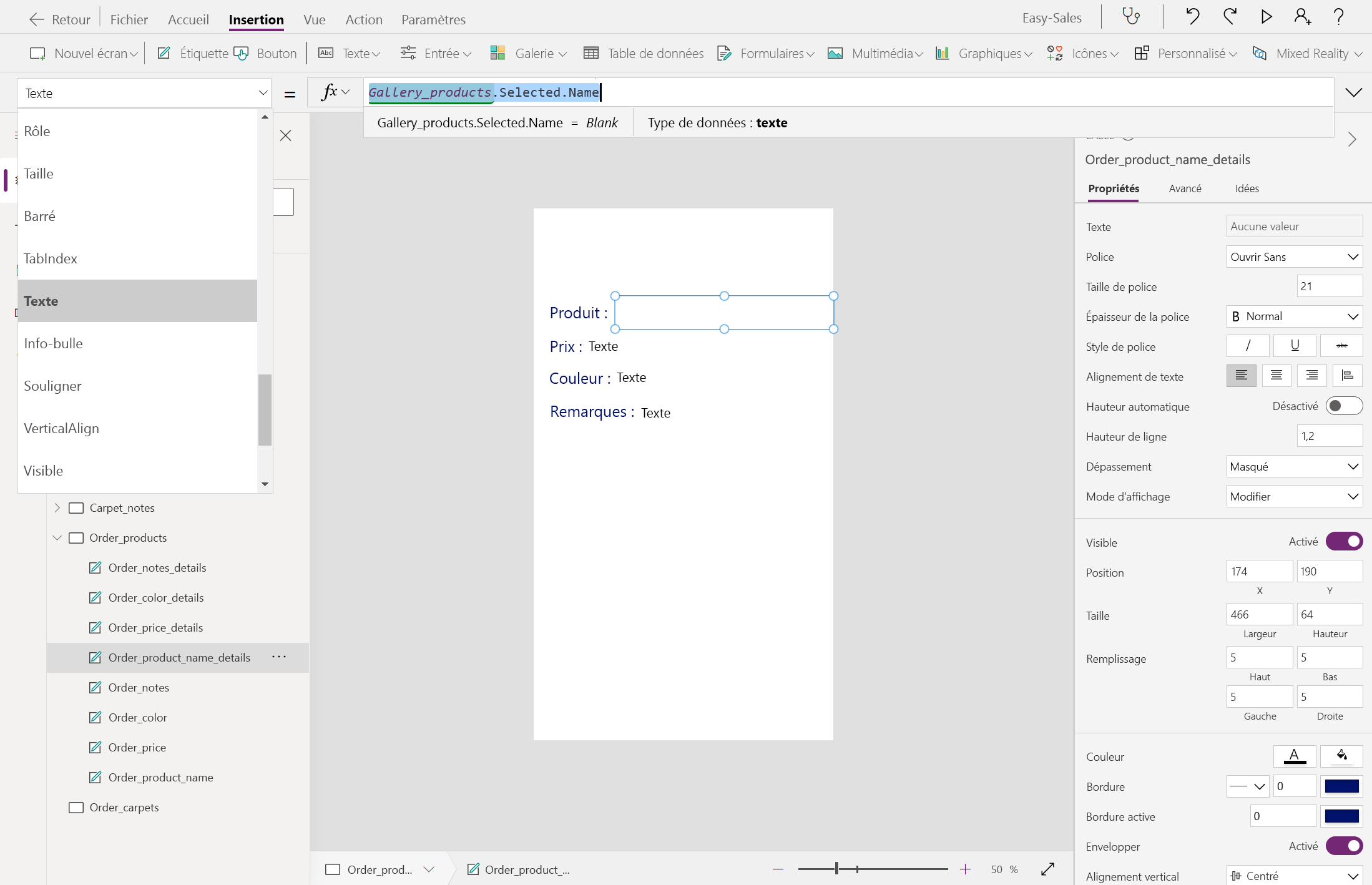 Capture d’écran de la configuration du texte pour Product.