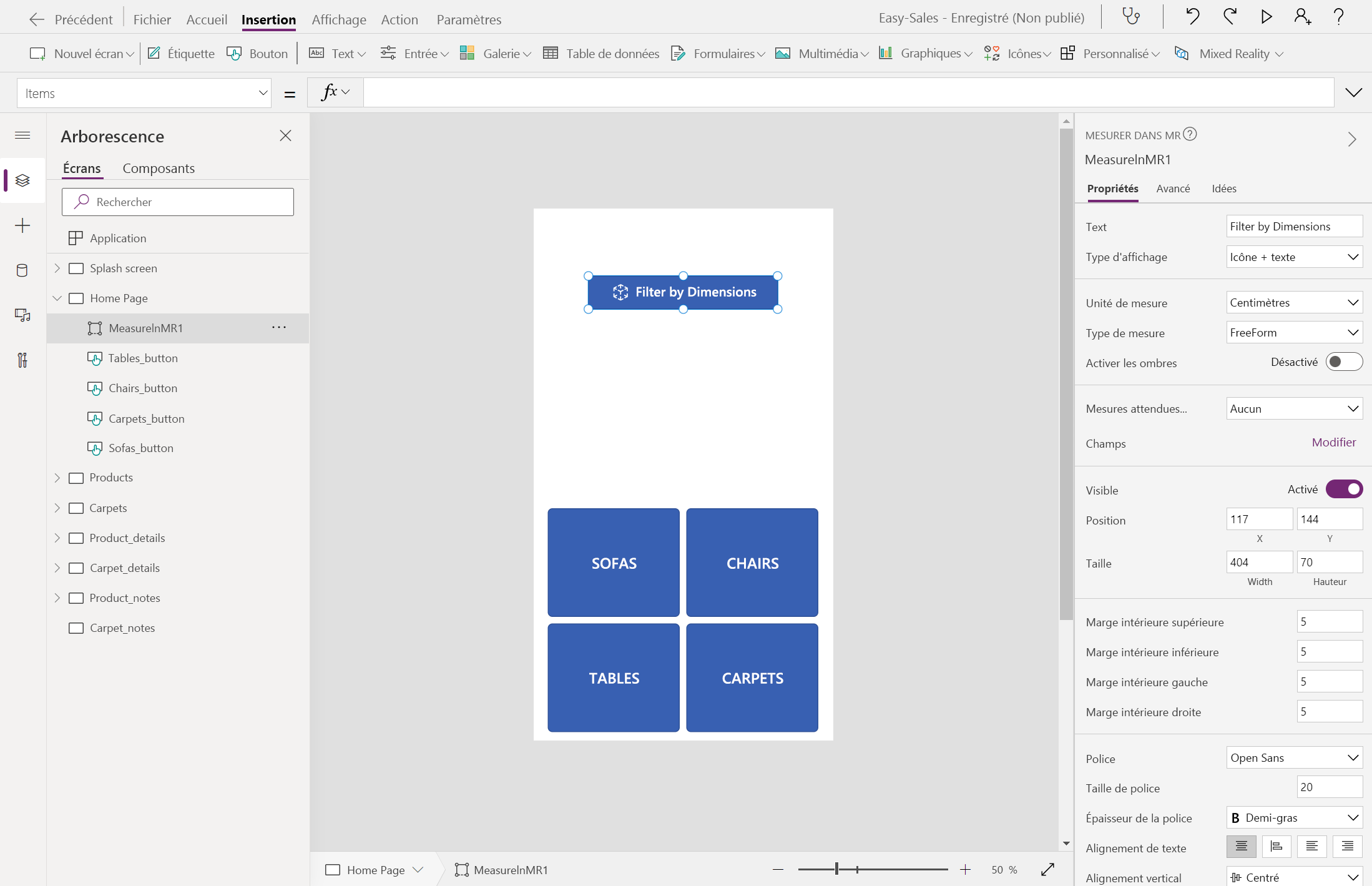 Capture d’écran permettant de configurer les propriétés de Mesurer dans MR.