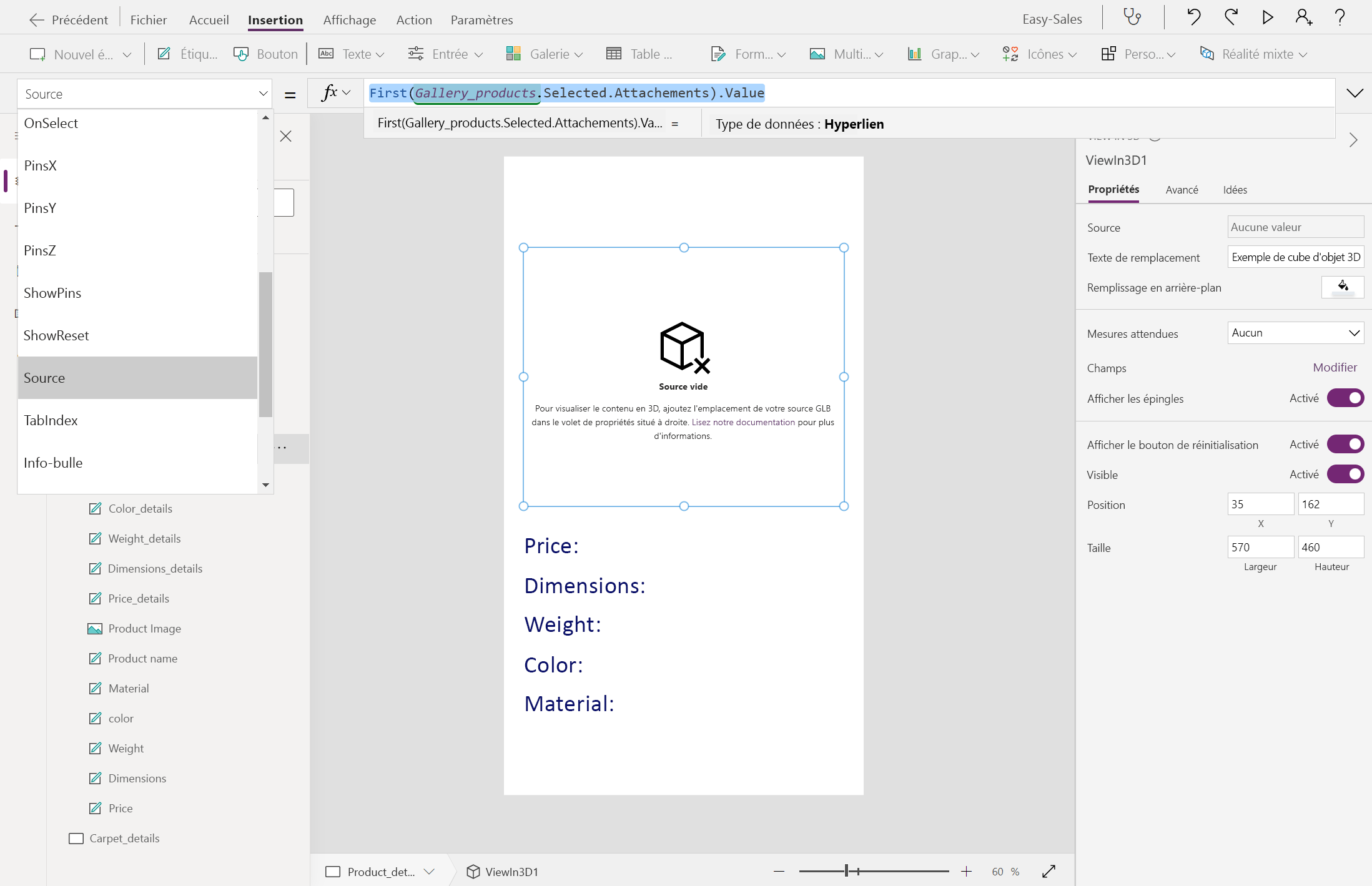 Capture d’écran de la configuration du composant Afficher en 3D.