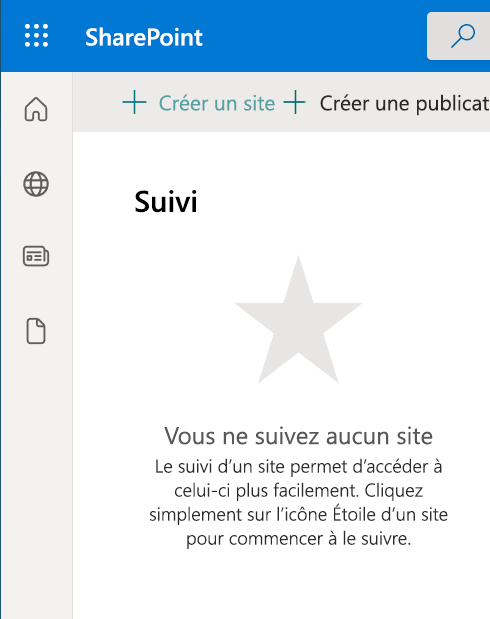 Capture d’écran montrant comment créer un site dans la page de démarrage de SharePoint.