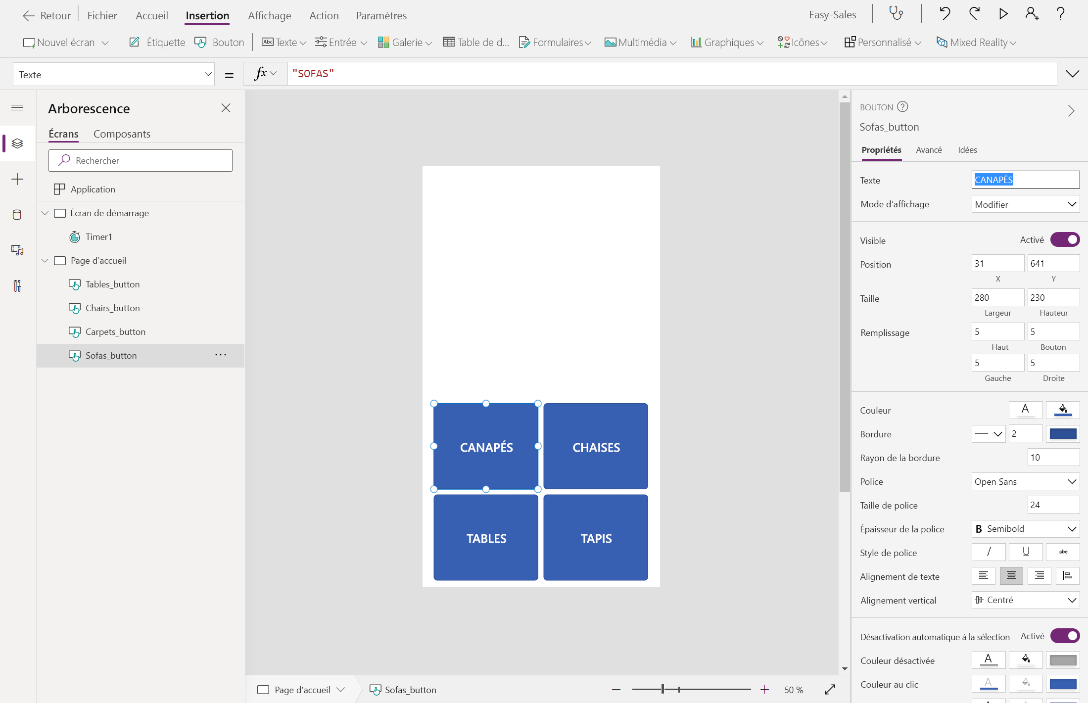 Capture d’écran de la modification du texte affiché.