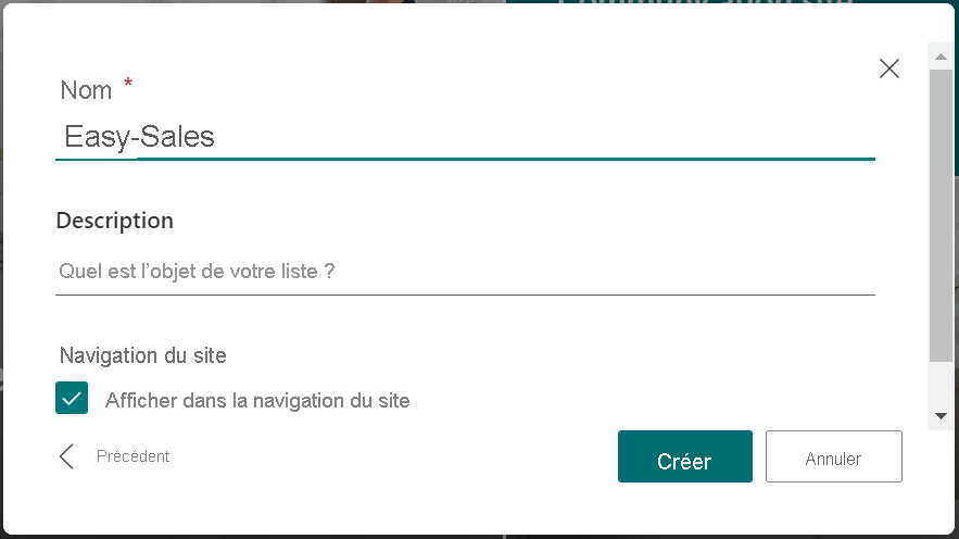 Capture d’écran du volet Créer.