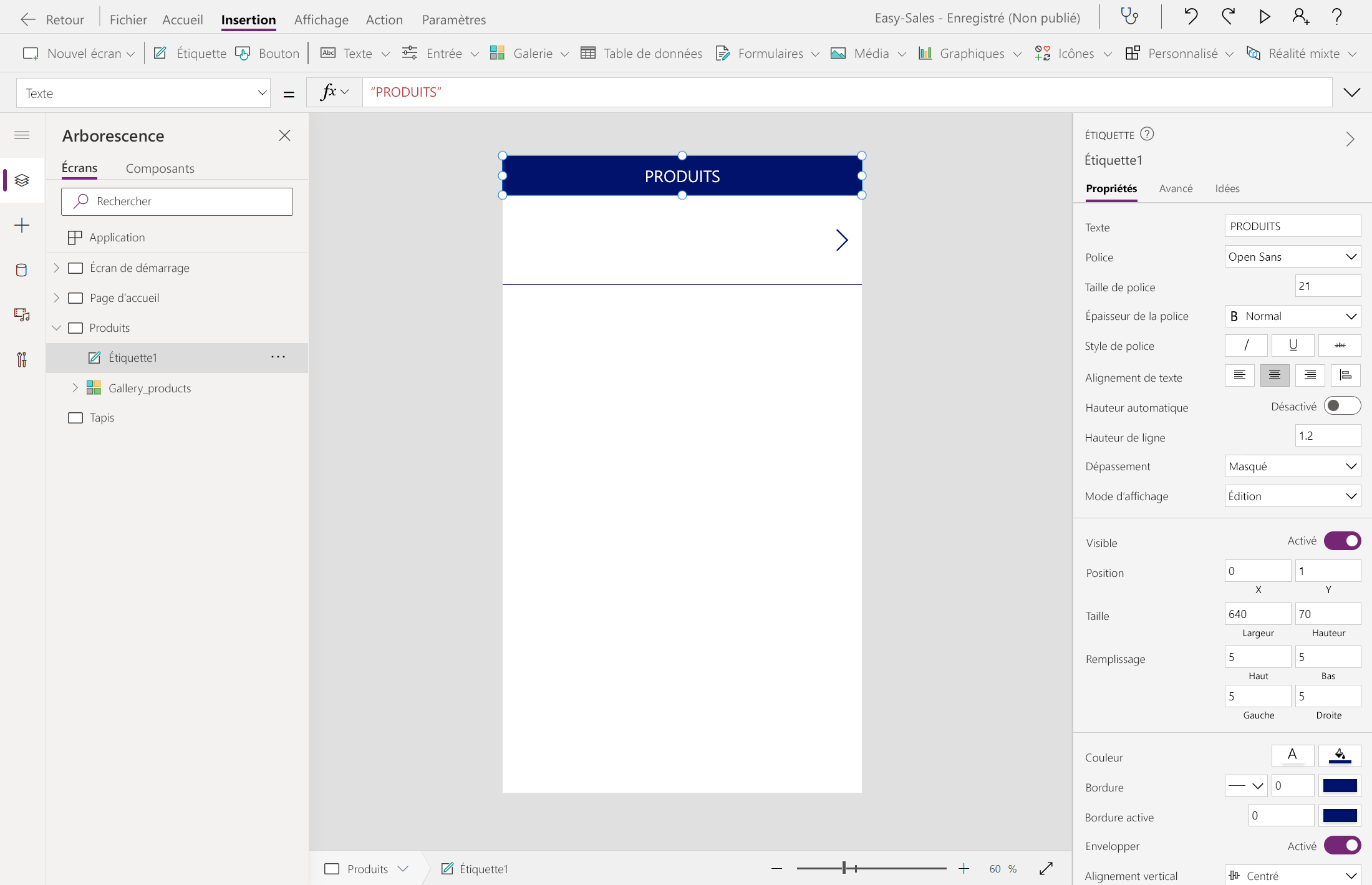 Capture d’écran de l’ajout d’une étiquette dans la page de produits