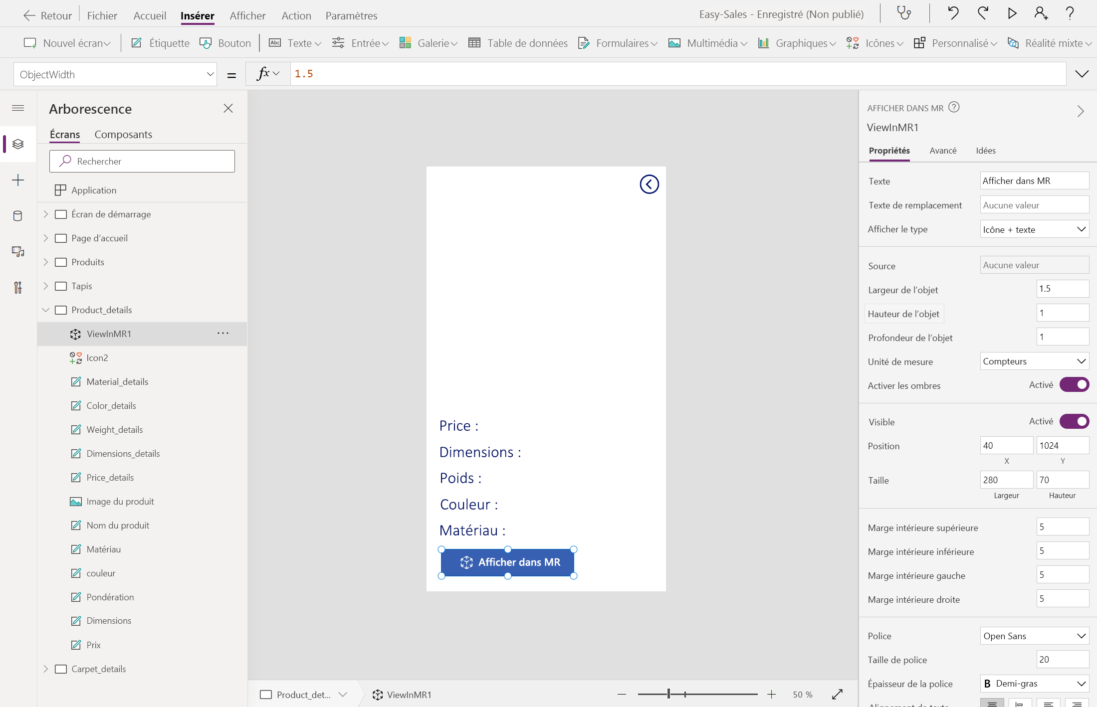 Capture d’écran de la mise à l’échelle des objets pour Afficher dans MR.
