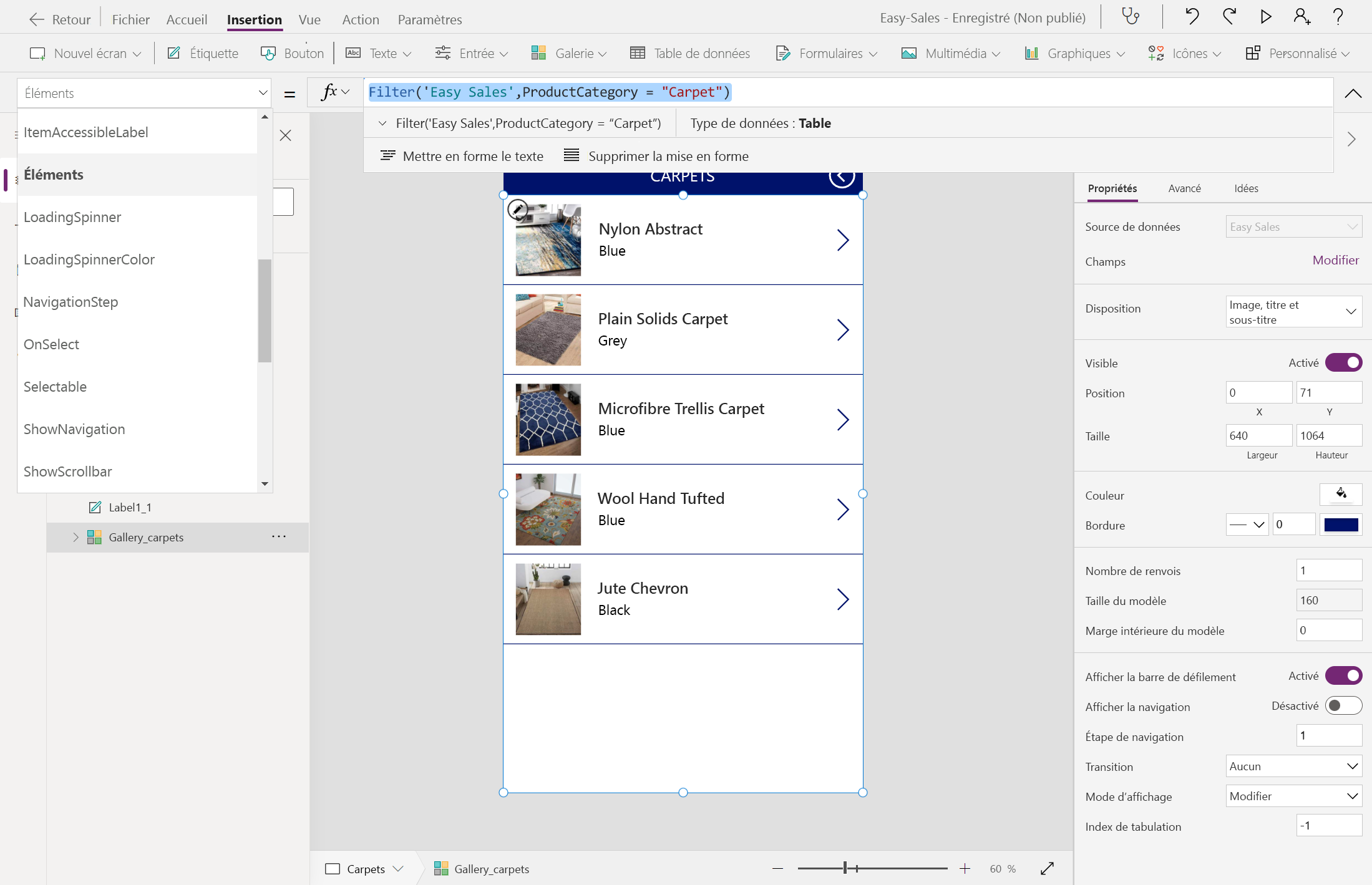 Capture d’écran montrant la même procédure pour la page Carpets