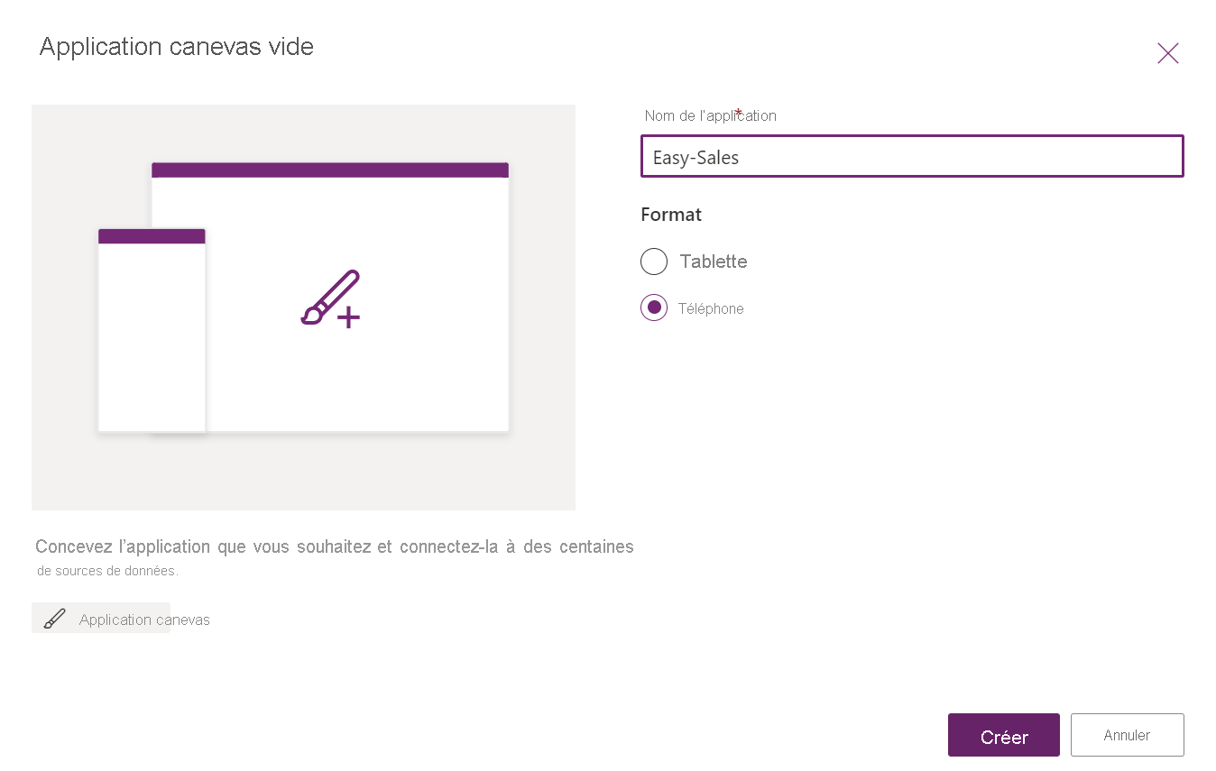 Capture d’écran de la spécification du nom de l’application et de la sélection de Créer.