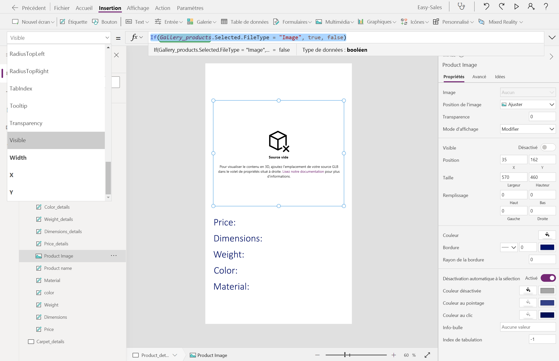 Capture d’écran de la modification de la visibilité du composant Image.
