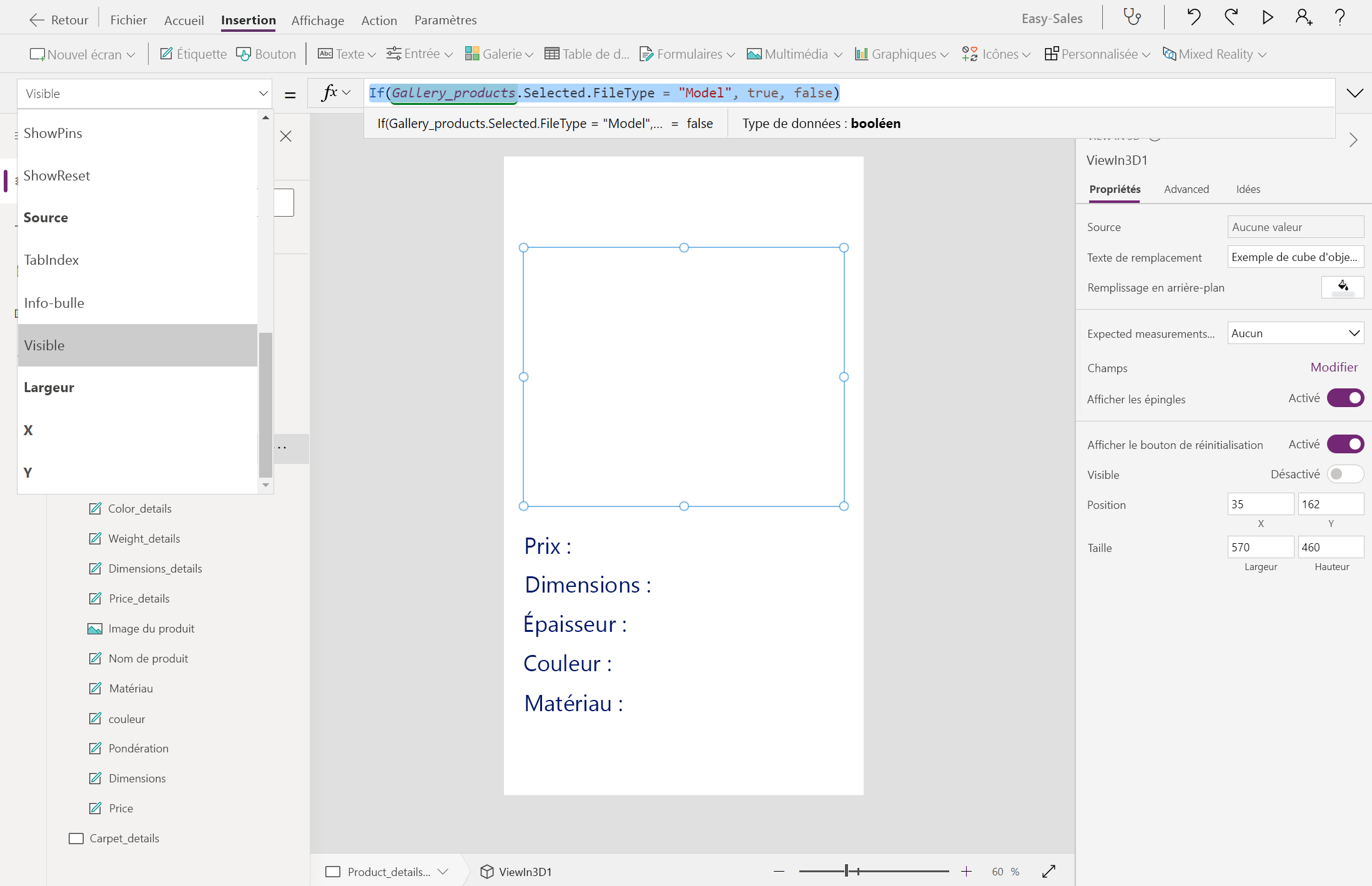 Capture d’écran de la modification de la visibilité du composant Afficher en 3D.
