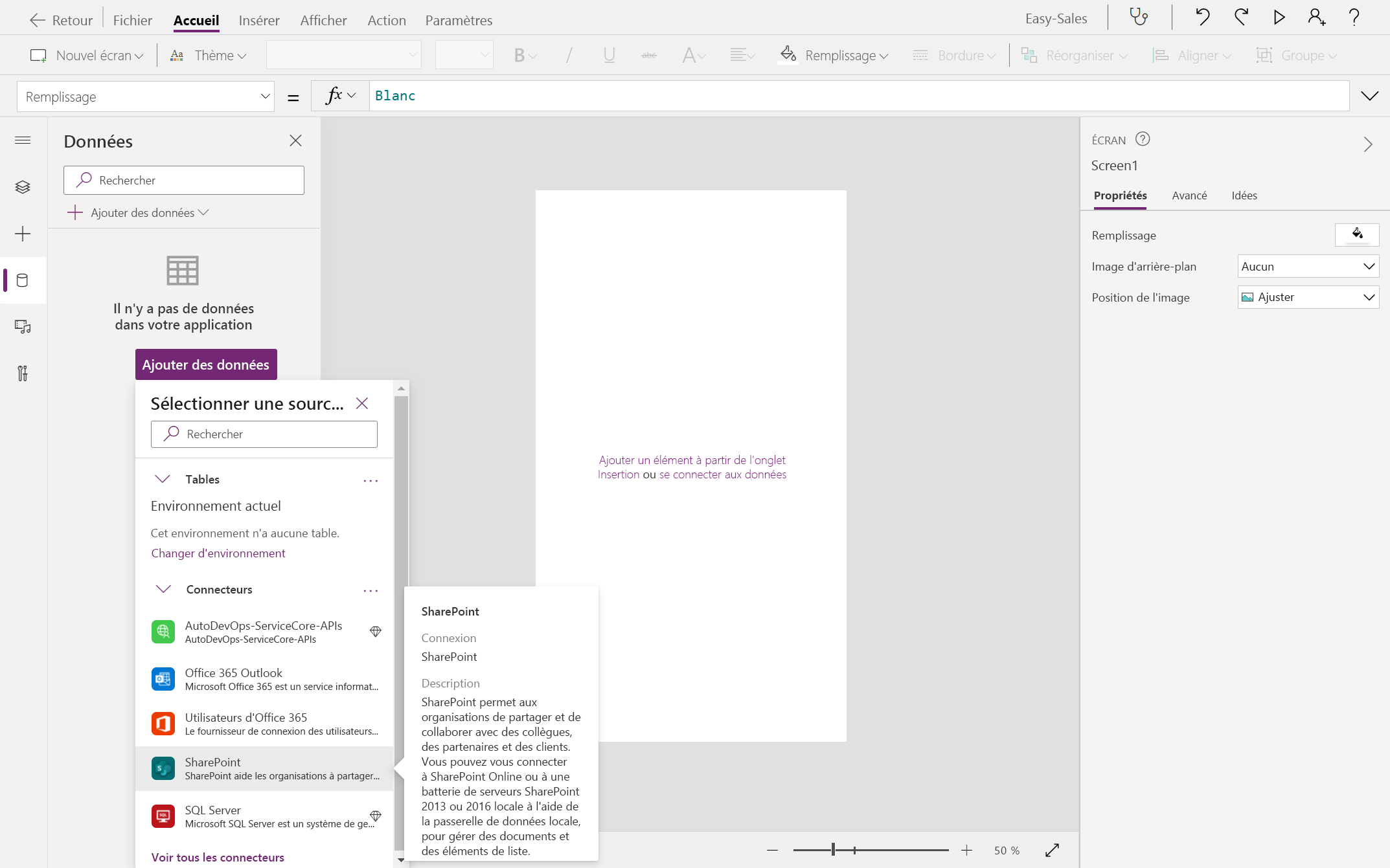 Capture d’écran de la sélection des options Ajouter des données et SharePoint.