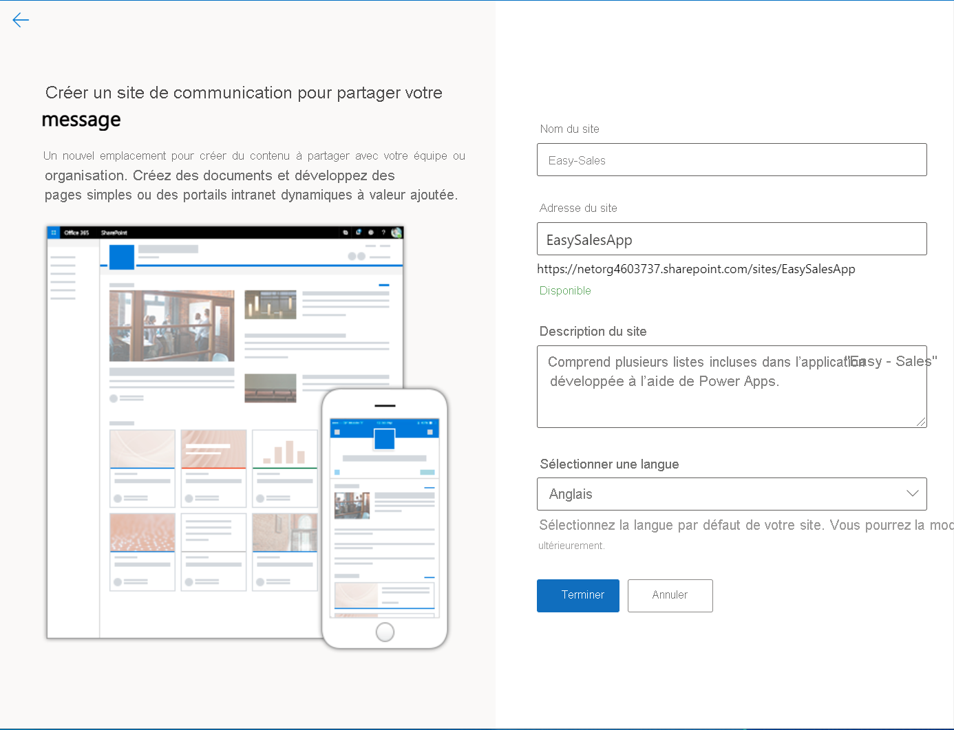 Capture d’écran de la mise à jour des détails du site.