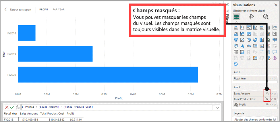 Capture d’écran de la fenêtre de calcul visuel avec la fonctionnalité Masquer/Afficher mise en évidence.