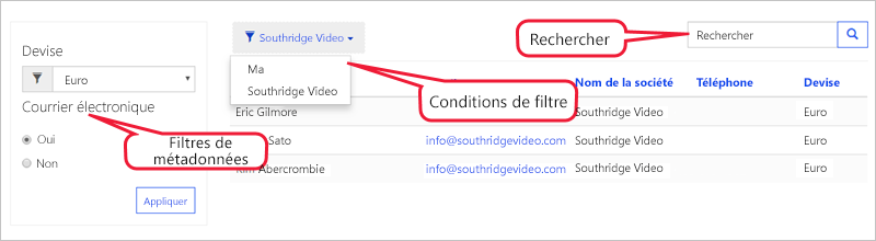Capture d’écran des fonctionnalités de recherche et de filtrage de liste.