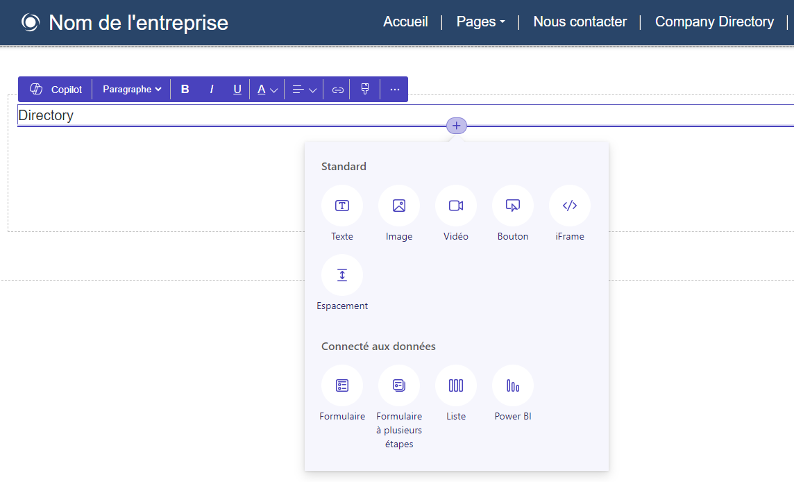 Capture d’écran de l’interface d’insertion d’un composant.