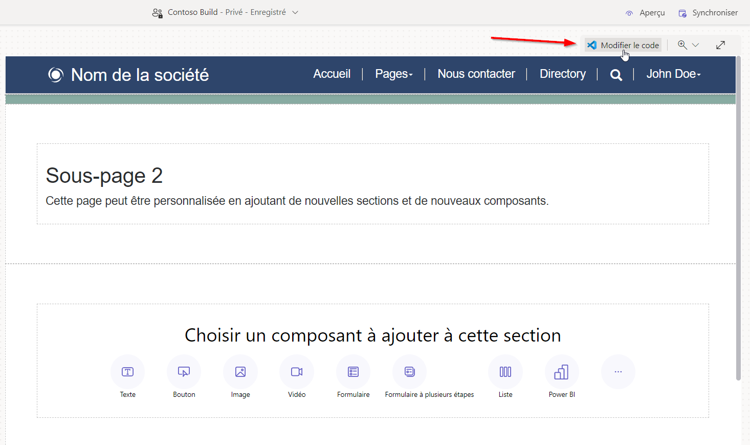 Capture d’écran de l’accès à Visual Studio Code pour l’éditeur web disponible dans le studio de conception.