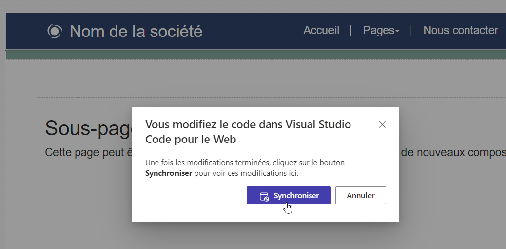 Capture d’écran d’une invite pour synchroniser le contenu de la page une fois la modification terminée dans Visual Studio Code pour le web