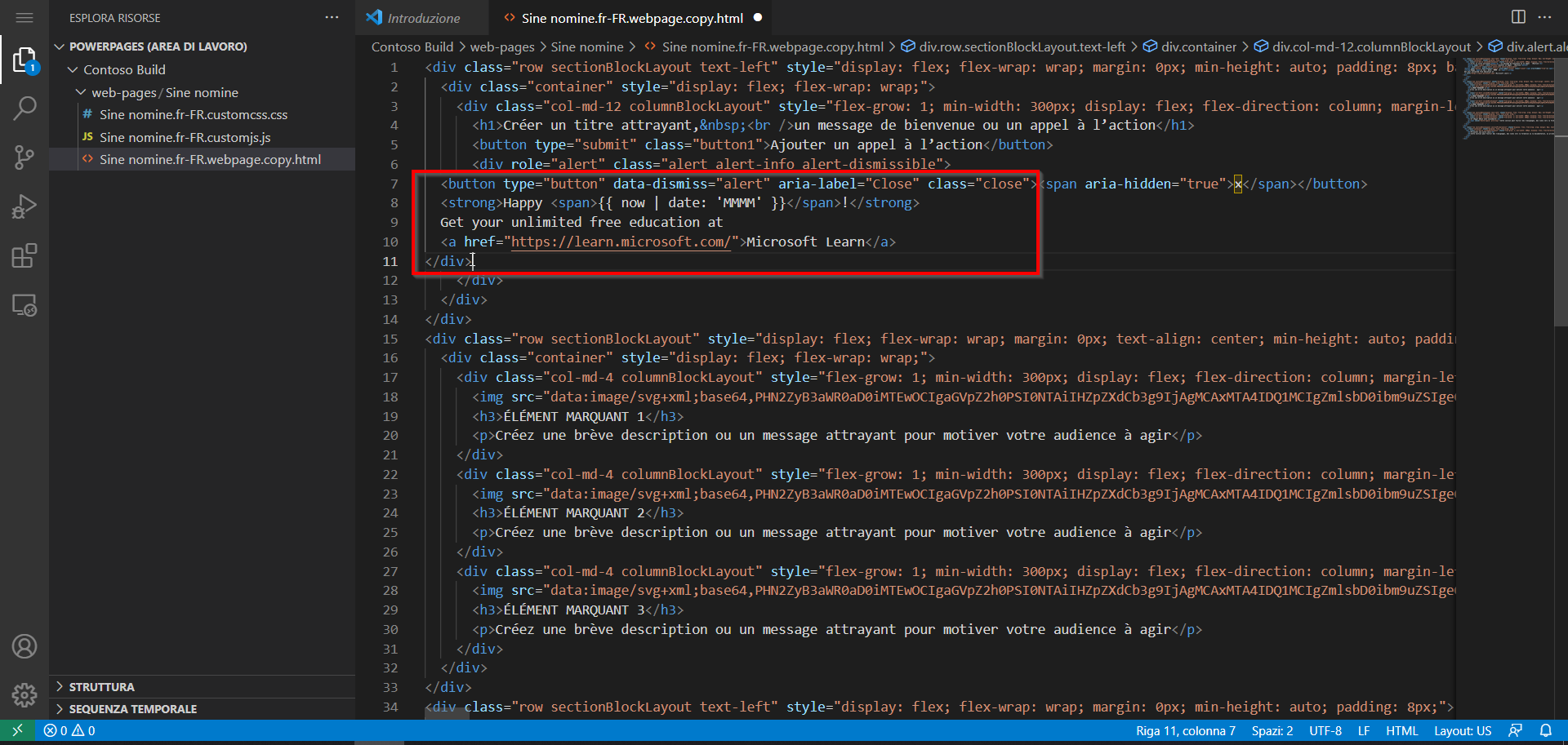 Capture d’écran du contenu de la page ouverte dans l’éditeur Visual Studio Code pour le Web avec le nouveau contenu en surbrillance.
