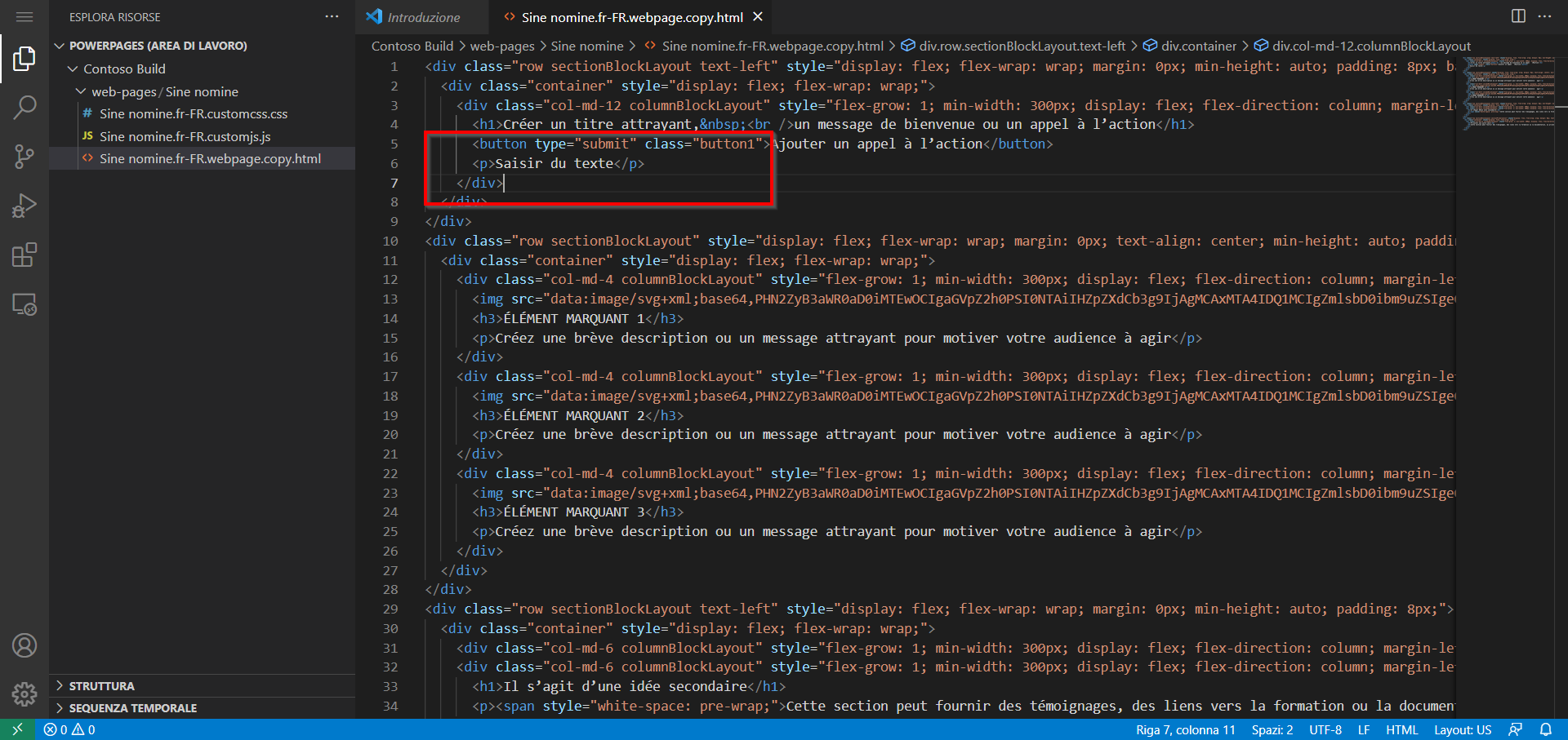 Capture d’écran du contenu de la page ouverte dans l’éditeur Visual Studio Code pour le Web avec un paragraphe de texte en surbrillance.