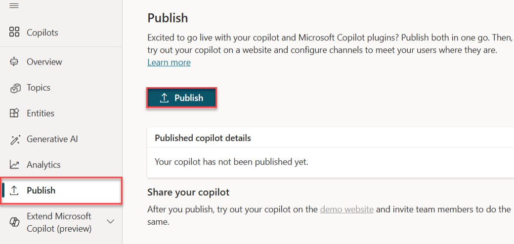 Capture d’écran de la page Microsoft Copilot Studio Publier mettant l’accent sur le bouton Publier.