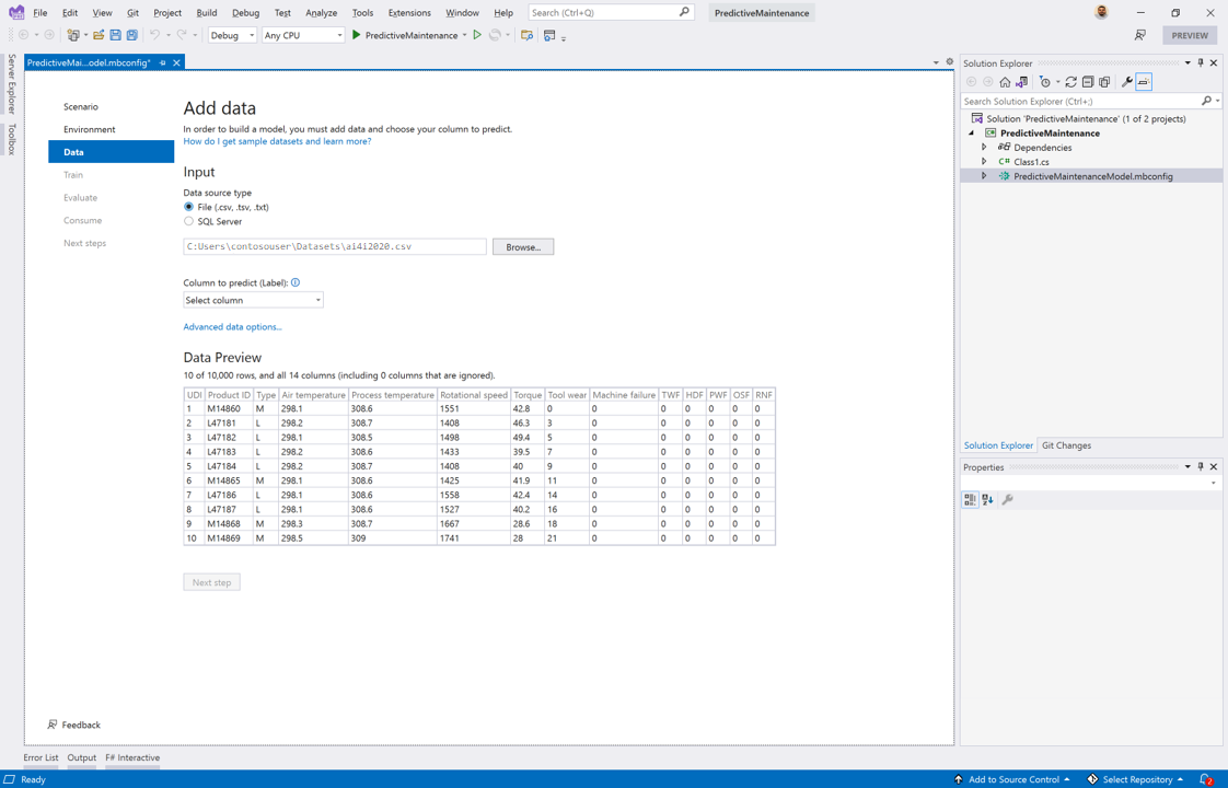 Capture d'écran montrant le chargement d’un jeu de données de fichier CSV de maintenance prédictive.
