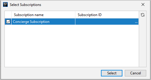 Capture d’écran de la boîte de dialogue Sélectionner un abonnement Azure.