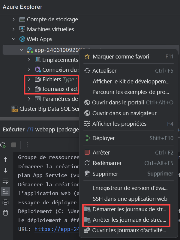 Capture d’écran du menu contextuel de l’application web dans la fenêtre Azure Explorer.