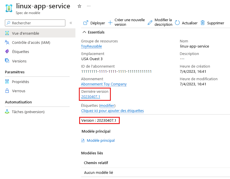 Capture d’écran du Portail Azure affichant les détails de la spec de modèle.