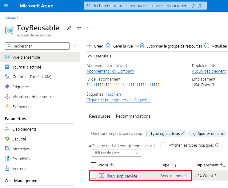 Capture d’écran du Portail Azure qui montre le groupe de ressources, avec la spec de modèle mise en surbrillance.