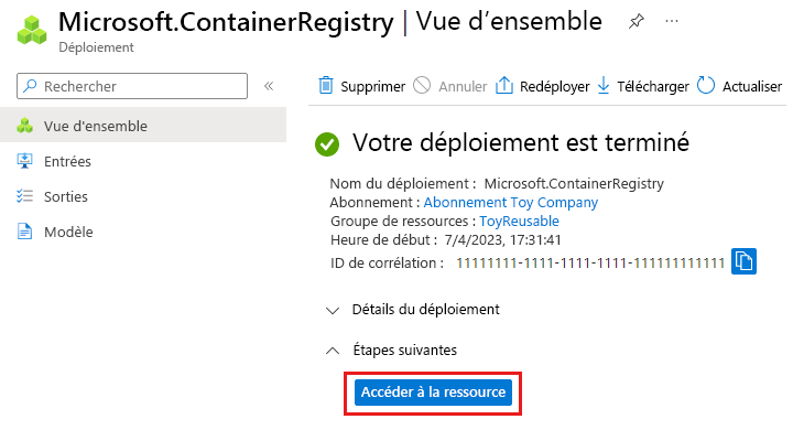 Capture d’écran du portail Azure montrant le déploiement du registre de conteneurs, avec le bouton d’accès à une ressource mis en évidence.