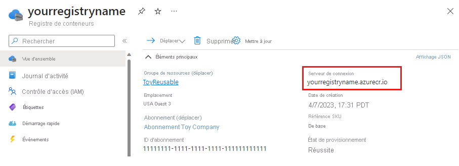 Capture d’écran du portail Azure montrant les détails du registre de conteneurs, avec le serveur de connexion mis en évidence.