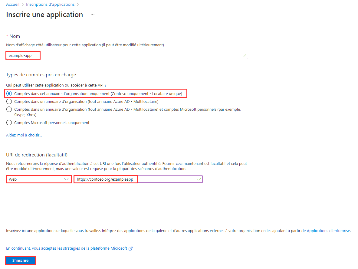 Capture de l’écran Inscrire une application affichant les options Nom, Types de compte pris en charge et URI de redirection.