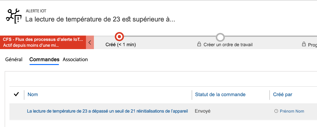 Capture d’écran de l’onglet Commandes avec une commande envoyée à l’appareil.