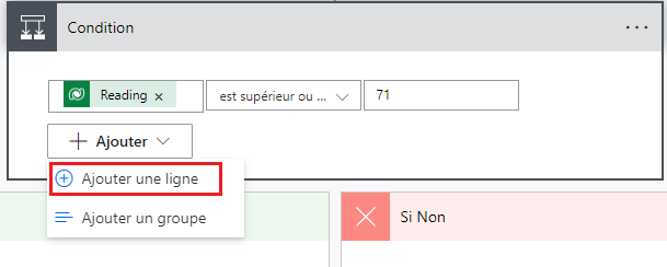 Capture d’écran du champ Valeur de Reading défini sur 71 et de la fonctionnalité Ajouter une ligne.